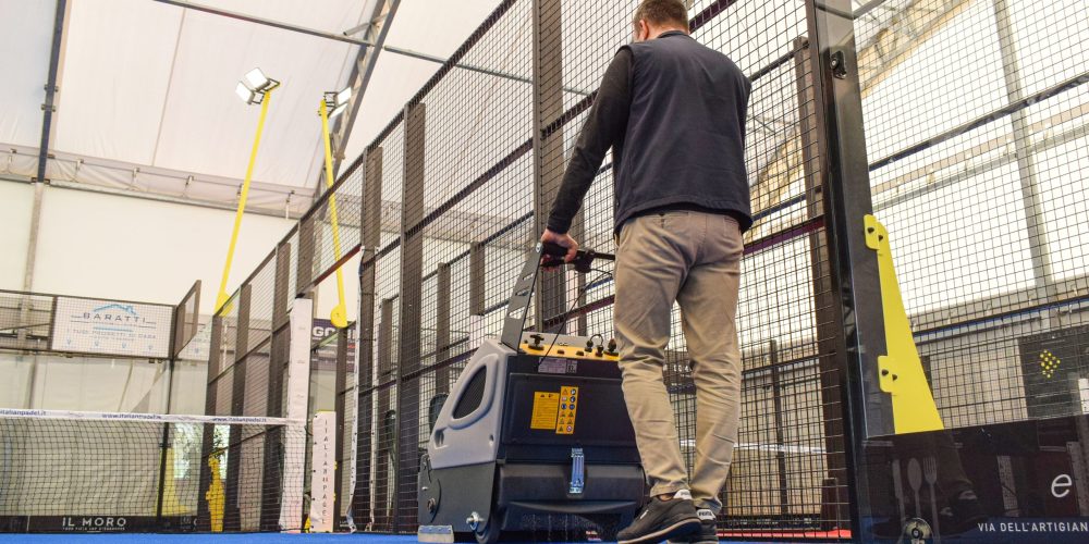 A high-performance commercial walk-behind floor scrubber dryer machine showcasing modern cleaning technology for large facilities.